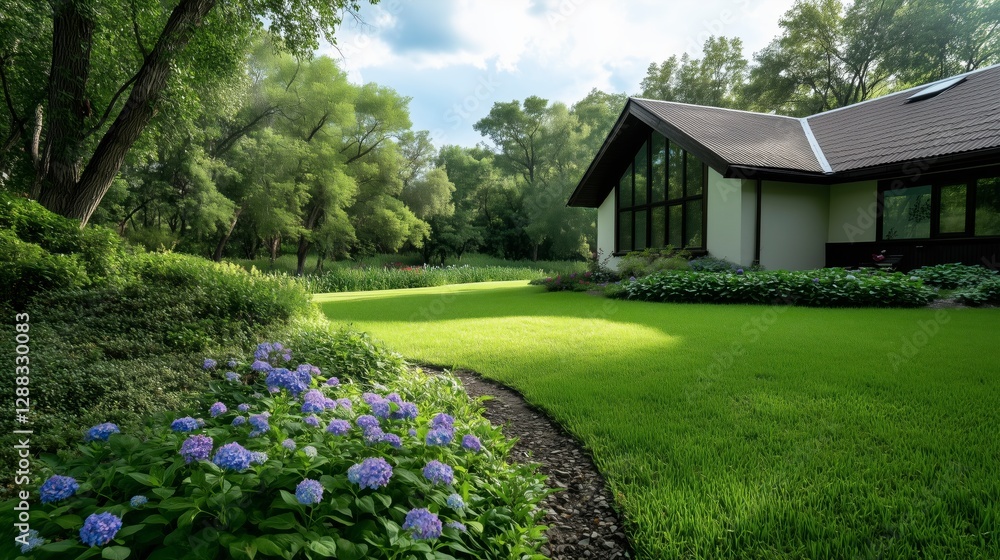 Naklejka premium A small country house with a green lawn, flowerbeds and garden pathway