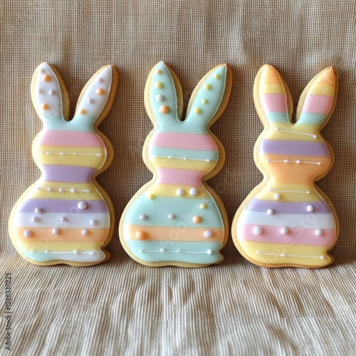 Colorful 3D printed Easter cookies shaped like rabbits for festive celebrations photo