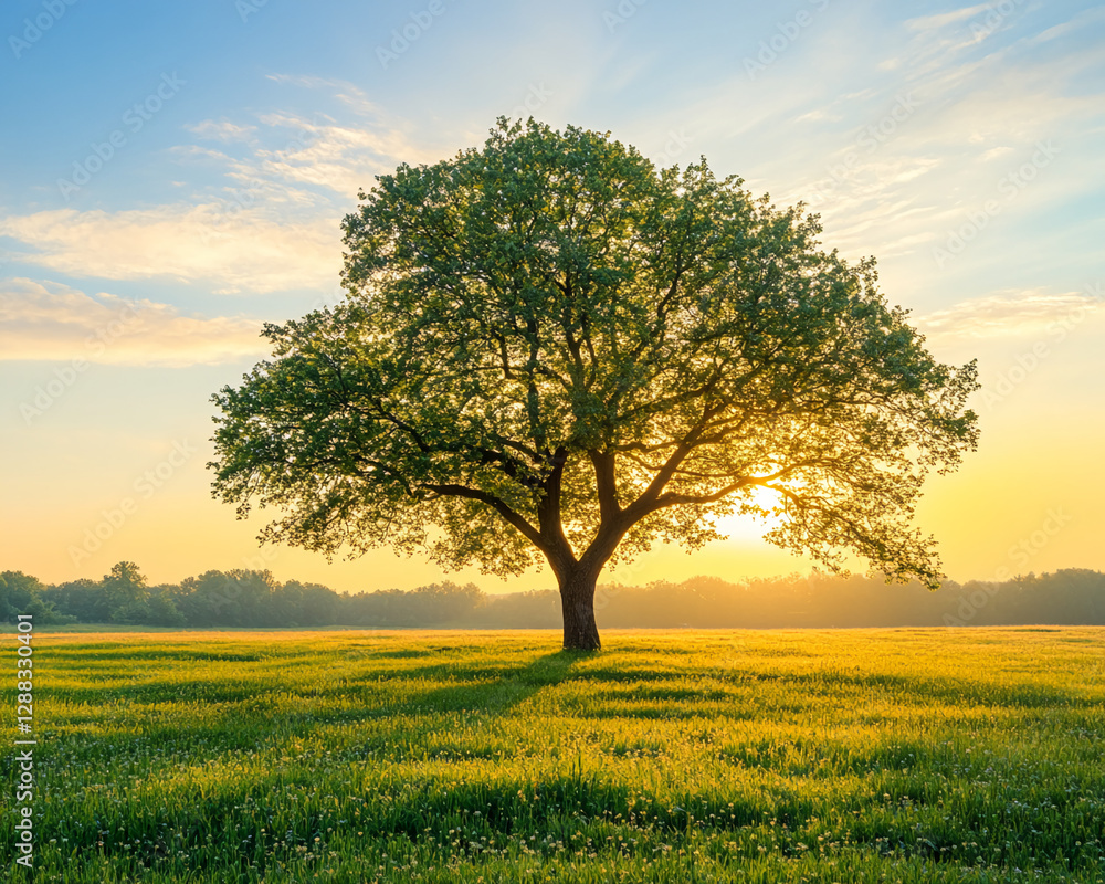 A large tree stands alone in a vast green field at sunrise, symbolizing strength, nature, and tranquility. The warm light creates a peaceful and serene atmosphere. A large tree stands alone in a vast green field at sunrise, symbolizing strength, nature, and tranquility. The warm light creates a peaceful and serene atmosphere.