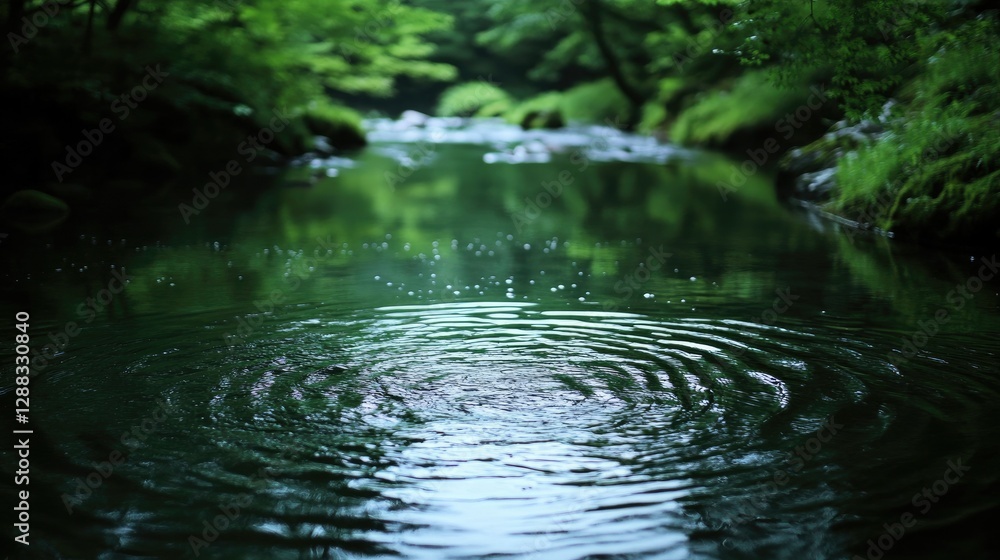 Obraz premium A beautiful close-up of the Oirase River's flowing waters, with tiny ripples reflecting the surrounding forest greenery.