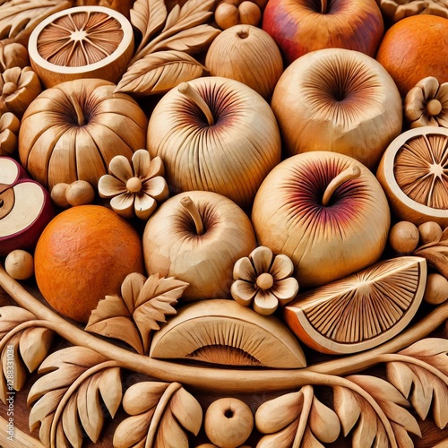 Carved with assorted fruits like apples and oranges made from oa photo