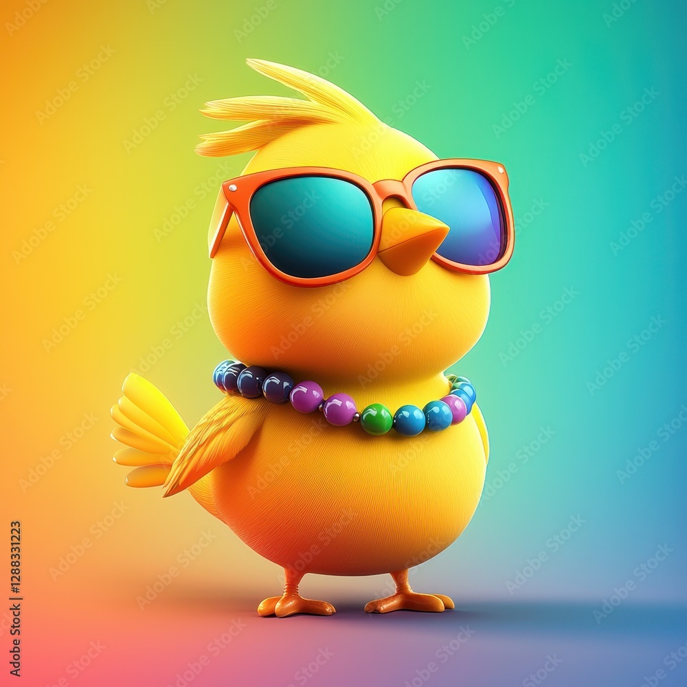 Fototapeta premium Y2K concept. A vibrant, cartoonish yellow bird wearing sunglasses and a necklace, exuding a playful, fun vibe against a colorful gradient background.