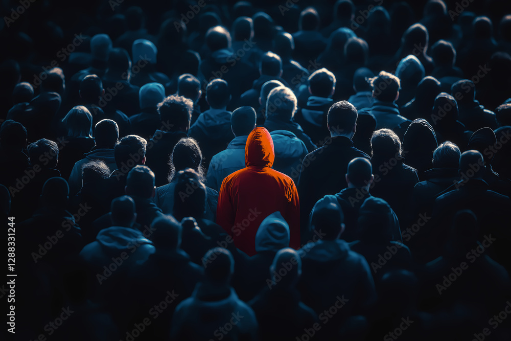 Obraz premium Standing Out: A solitary figure in a vibrant orange hoodie is surrounded by a crowd of people, creating a striking visual metaphor for individuality and standing out.