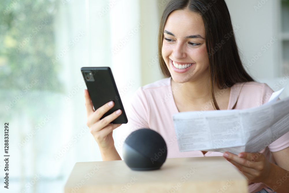 Happy woman reading smart speaker manual pairing phone Happy woman reading smart speaker manual pairing phone
