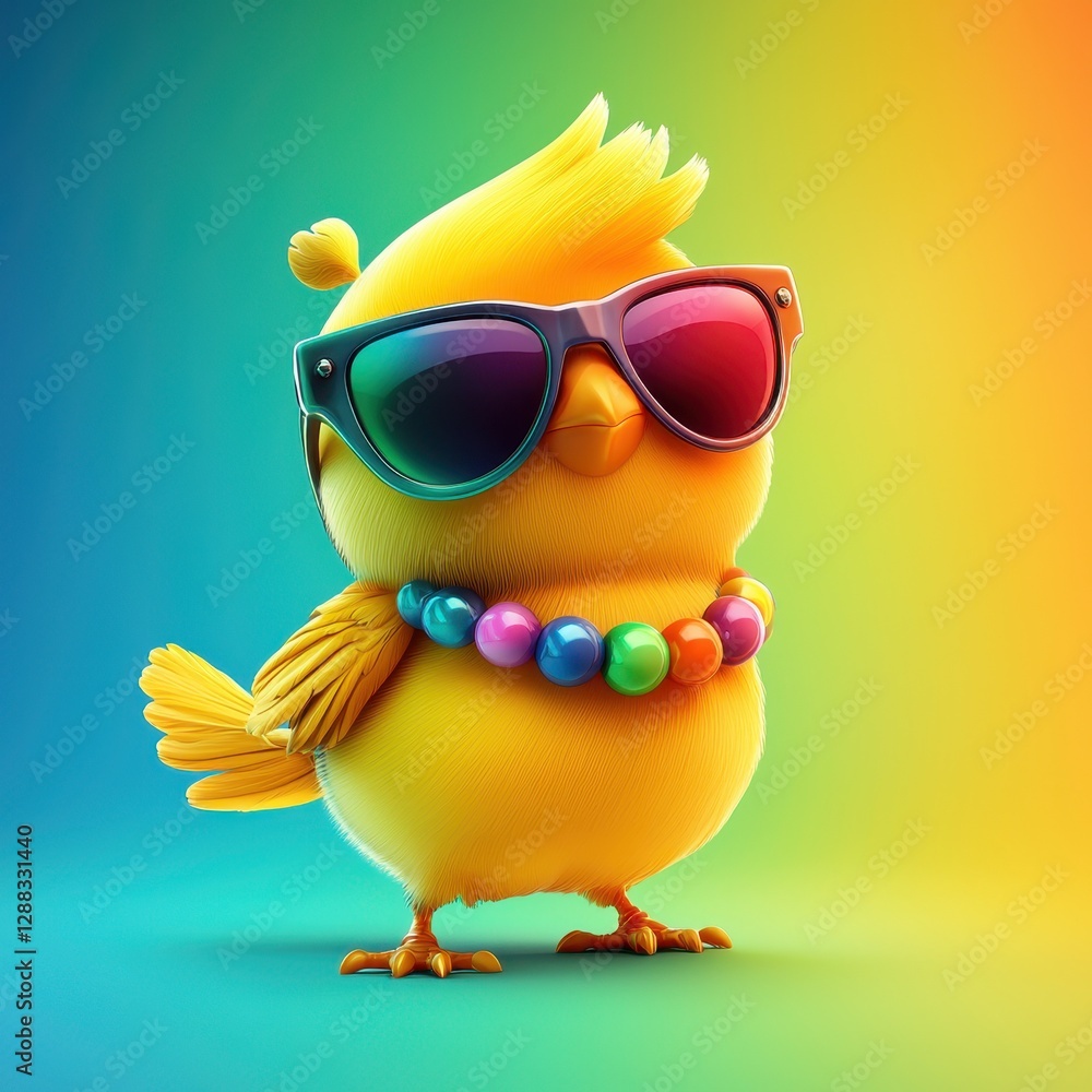 Fototapeta premium Y2K concept. A vibrant yellow bird wearing sunglasses and a colorful bead necklace stands confidently against a rainbow gradient background.