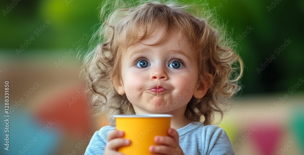 Young child is holding a yellow cup and smiling. The child appears to be enjoying a drink Young child is holding a yellow cup and smiling. The child appears to be enjoying a drink
