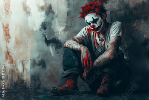 A clown covered in paint sits against the wall