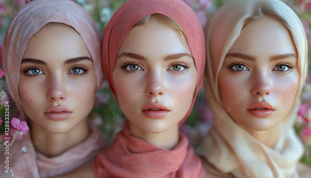 Fototapeta premium Three Women in Stylish Headscarves Against a Colorful Floral Background