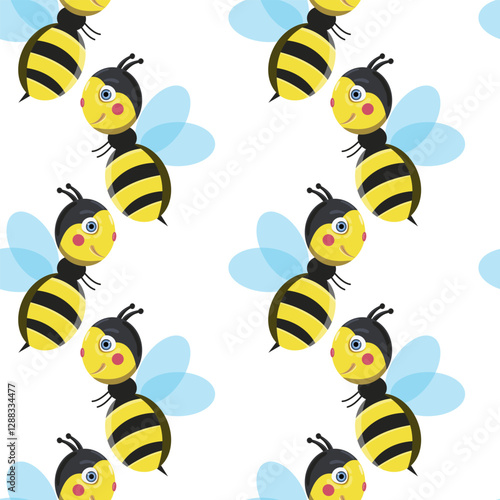 Vector seamless pattern with bees and stars. Striped honey bee and yellow stars on white background. Pattern with bumblebees.