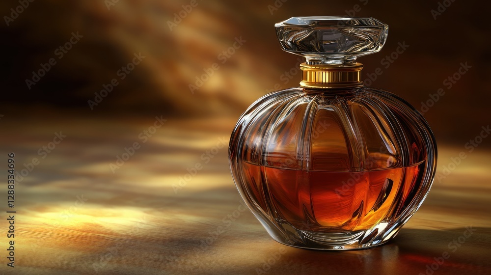 A luxury glass perfume bottle with bold lines and golden accents, resting on a warm brown surface, space for text. A luxury glass perfume bottle with bold lines and golden accents, resting on a warm brown surface, space for text.