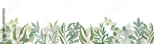 Eucalyptus leaves and branches border. Trendy botanical illustration. Greenery for wedding invitation, greeting cards, decoration, stationery design. Vector art Isolated
