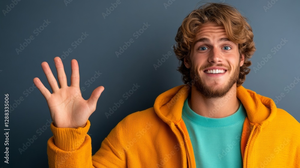 Man in a yellow jacket is smiling and waving at the camera. He is wearing a green shirt underneath his jacket Man in a yellow jacket is smiling and waving at the camera. He is wearing a green shirt underneath his jacket