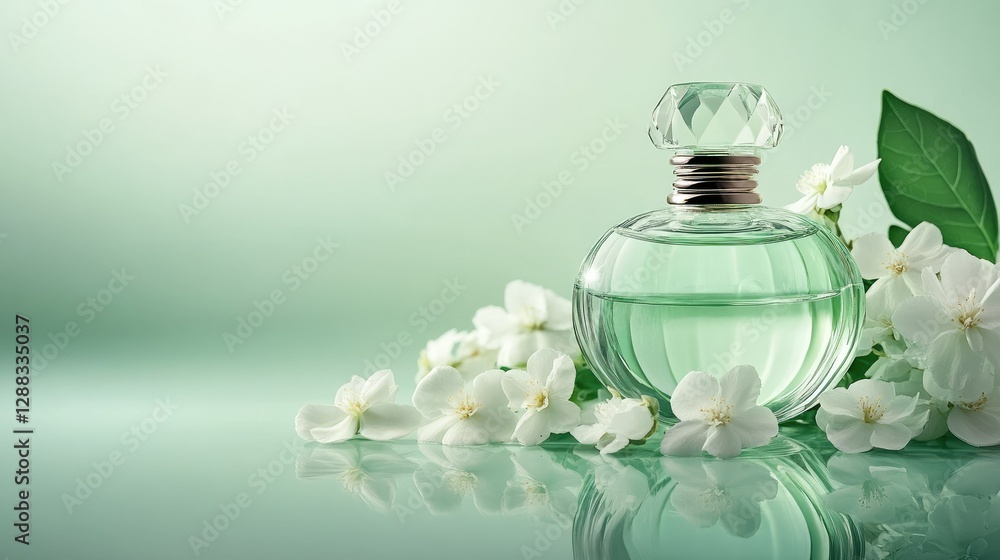 A luxury perfume advertising concept with a classic glass bottle, white jasmine blossoms, and a fresh green pastel background. A luxury perfume advertising concept with a classic glass bottle, white jasmine blossoms, and a fresh green pastel background.