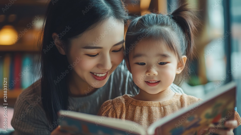Asian mother and daughter happily engaged in creative drawing activities Asian mother and daughter happily engaged in creative drawing activities