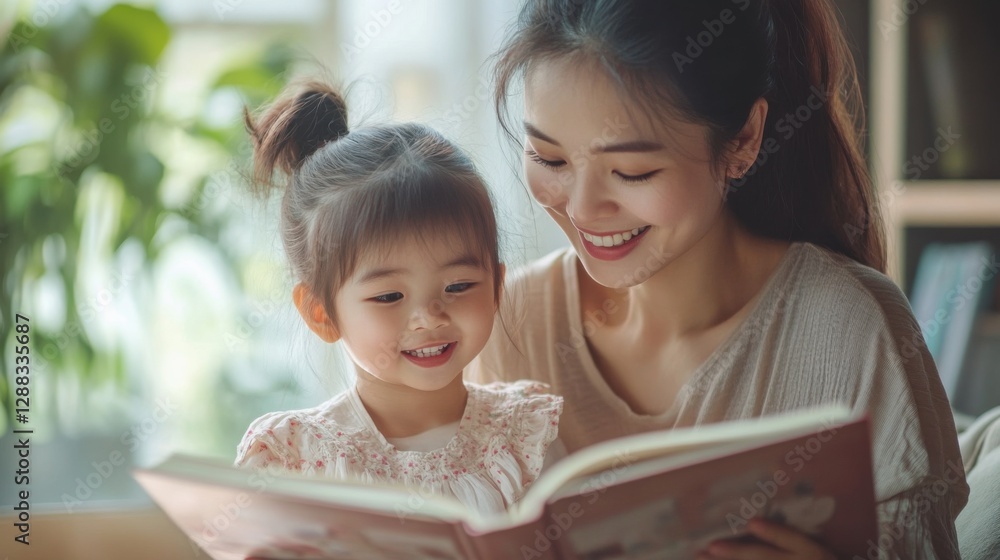 Asian mother and daughter happily engaged in creative drawing activities Asian mother and daughter happily engaged in creative drawing activities