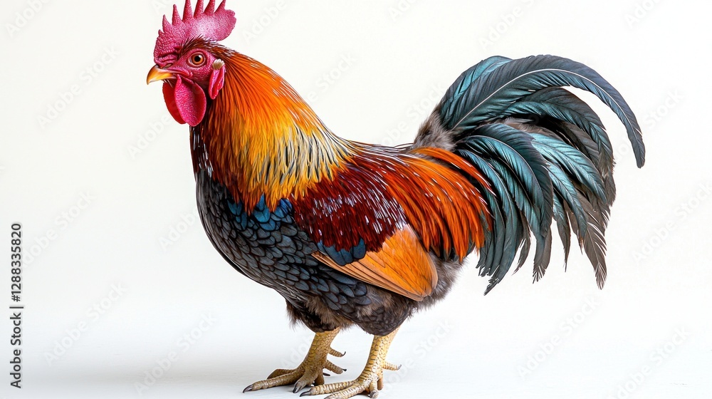 Fototapeta premium Rooster standing alert, feathered plumage, portrait on clean neutral background