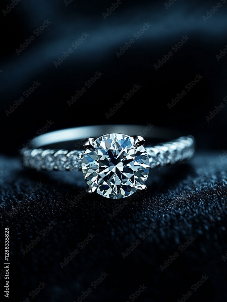 Elegant diamond engagement ring on dark fabric backdrop Elegant diamond engagement ring on dark fabric backdrop