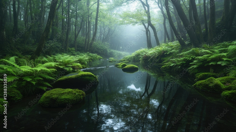 Fototapeta premium A misty morning by a Japanese brook, where fresh ferns and moss thrive along the water's edge in a peaceful woodland.