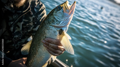 Fishing adventure catching a largemouth bass in tranquil waters outdoor photography nature setting photo