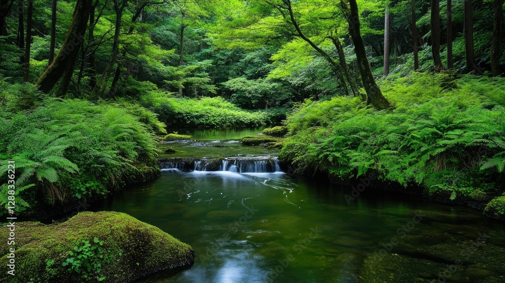 A peaceful brook in Japan, surrounded by towering ferns and dense forest foliage, creating a refreshing natural retreat. A peaceful brook in Japan, surrounded by towering ferns and dense forest foliage, creating a refreshing natural retreat.