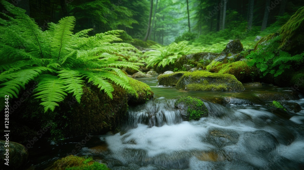 A peaceful nature scene featuring moss and ferns growing on damp rocks near a bubbling forest stream. A peaceful nature scene featuring moss and ferns growing on damp rocks near a bubbling forest stream.