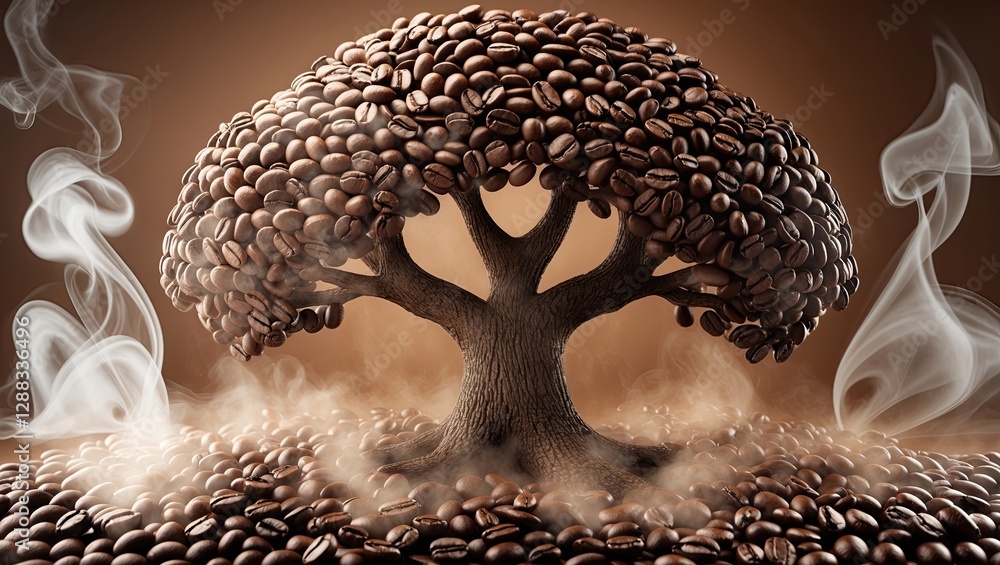 Obraz premium A captivating tree sculpture made of coffee beans, surrounded by aromatic smoke and coffee grounds