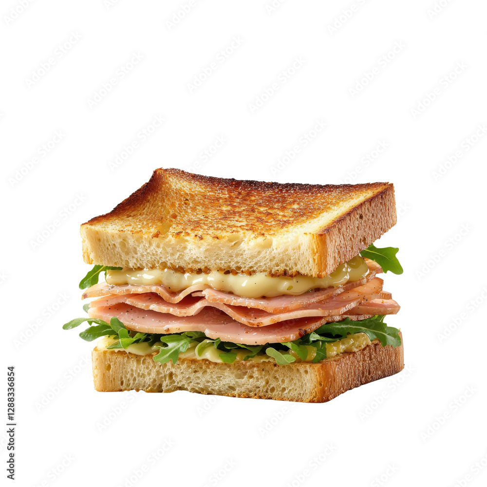Obraz premium Deliciously Crafted Ham Sandwich with Golden Toasted Bread and Fresh Arugula, Perfect for Any Meal, Indulging in Savory Flavors and Mouthwatering Textures.