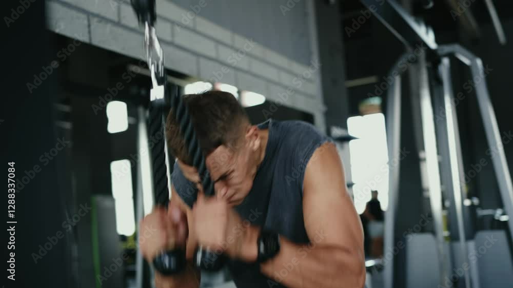 Determined man in a sleeveless shirt using a cable machine in the gym, focusing intensely on his workout for upper body strength and fitness. Young Man Working Out on Cable Machine in Modern Gym Determined man in a sleeveless shirt using a cable machine in the gym, focusing intensely on his workout for upper body strength and fitness. Young Man Working Out on Cable Machine in Modern Gym