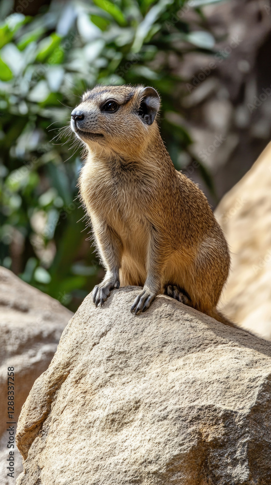 Fototapeta premium A tiny rock hyrax perched on a rocky ledge