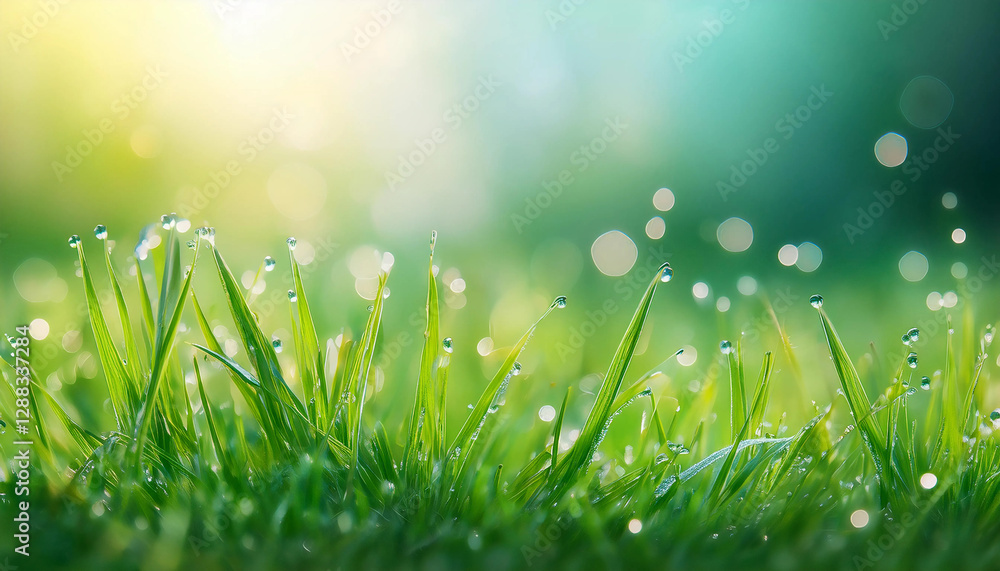 Fresh spring grass with scattered dewdrops and a soft-focus flyer background, creating a clean and bright composition with space for text Fresh spring grass with scattered dewdrops and a soft-focus flyer background, creating a clean and bright composition with space for text