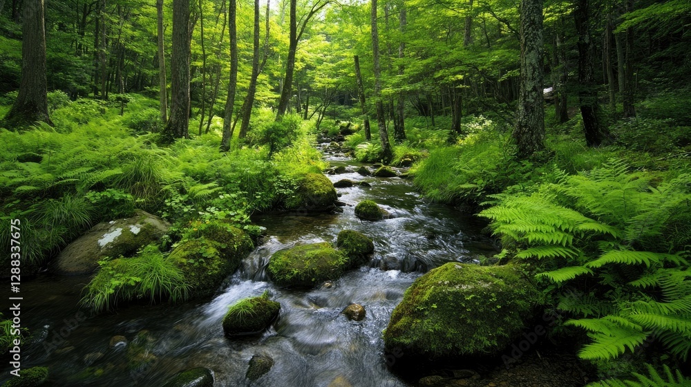 A tranquil Japanese brook meandering through a dense forest, surrounded by vibrant green ferns and moss-covered stones. A tranquil Japanese brook meandering through a dense forest, surrounded by vibrant green ferns and moss-covered stones.