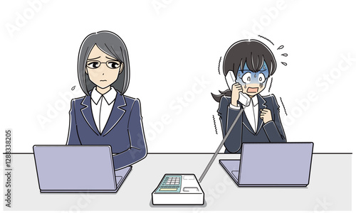怖がりながら電話対応している電話恐怖症の女性と心配そうに見ているメガネの女性（フルカラー）