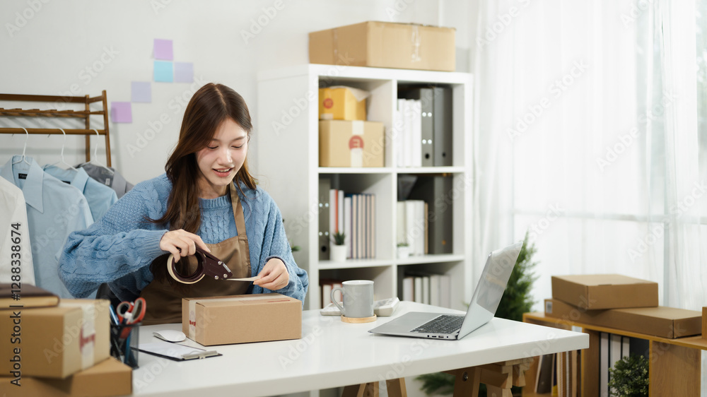 A small business owner carefully seals a parcel, preparing it for shipment, Packing Orders, SME Logistics in Action A small business owner carefully seals a parcel, preparing it for shipment, Packing Orders, SME Logistics in Action