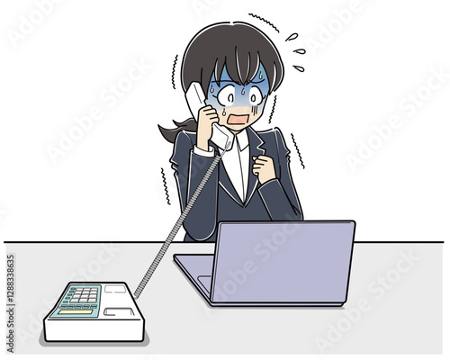 怖がりながら電話対応している電話恐怖症のスーツの女性（フルカラー）