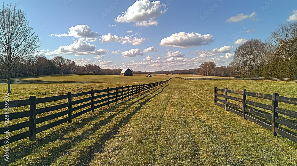 Fototapeta premium Path through field to farm buildings on sunny, blue sky day, fence lined meadow