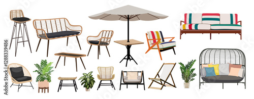 Patio furniture Set. Outdoor, porch zone, garden furniture with potted plants illustrations. Realistic vector cozy garden yard interior elements, rattan armchairs, tables, sofas, umbrellas isolated.
