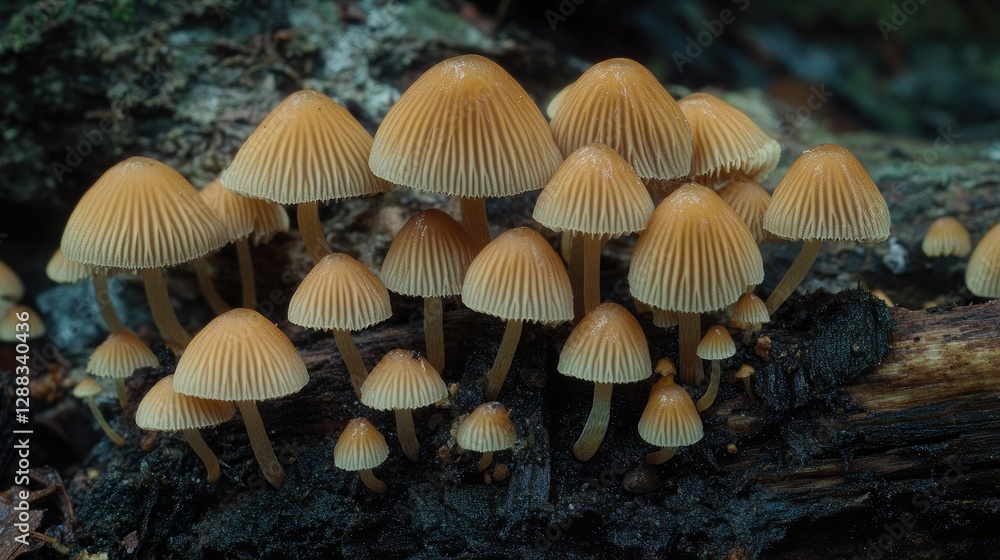 Close-up of Mycena inclinata clustered bonnet mushrooms growing on decaying wood in a lush forest, with soft natural lighting. Close-up of Mycena inclinata clustered bonnet mushrooms growing on decaying wood in a lush forest, with soft natural lighting.