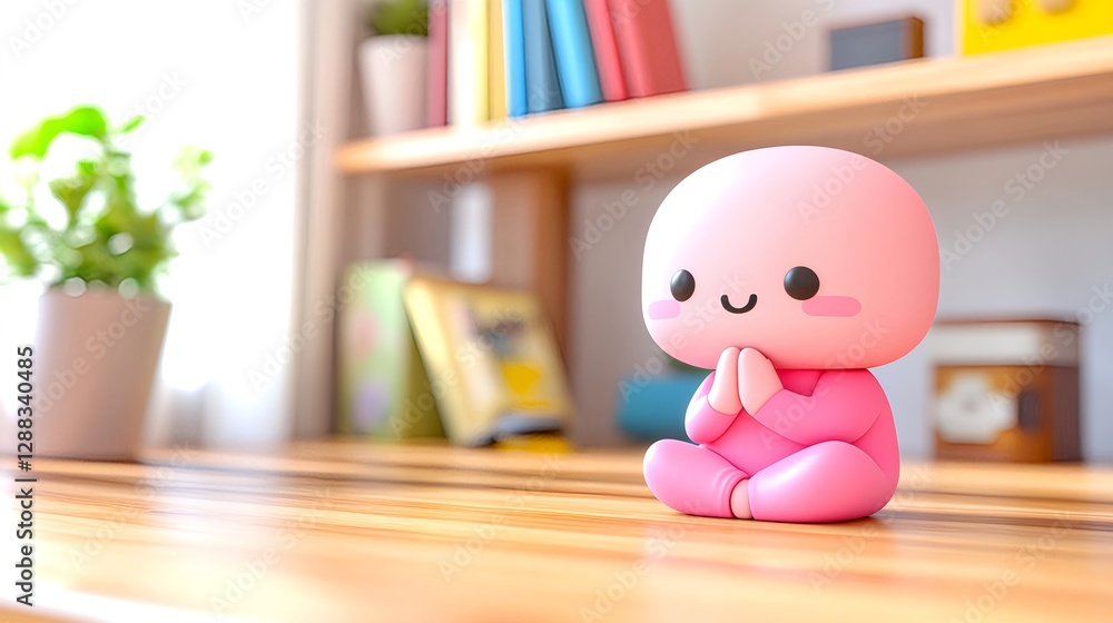 Cute Pink Figure Meditating with Hands Folded and Eyes Closed Cute Pink Figure Meditating with Hands Folded and Eyes Closed