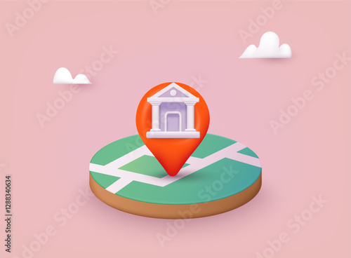 Location folded map and pin with bank icon. Banking app isolated cartoon vector illustrations set. 3D Web Vector Illustrations.