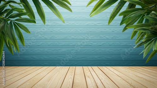 Tropical Palm Leaves Frame Wooden Table Summer Background