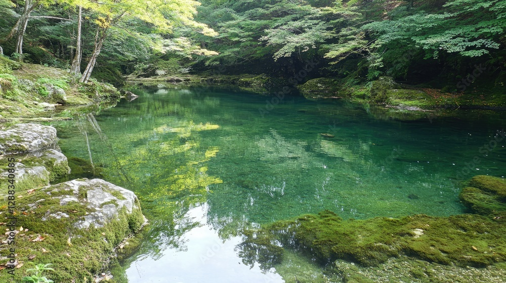 Crystal-clear waters of Oirase River winding through a serene green forest, surrounded by moss-covered rocks and vibrant foliage. Crystal-clear waters of Oirase River winding through a serene green forest, surrounded by moss-covered rocks and vibrant foliage.