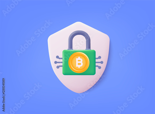 Shield with a bitcoin sign. Concept for bitcoin safety, financial technology. Online payment, security. Bitcoin digital wallet. Security protection concept. Blockchain digital technology. 3D vector