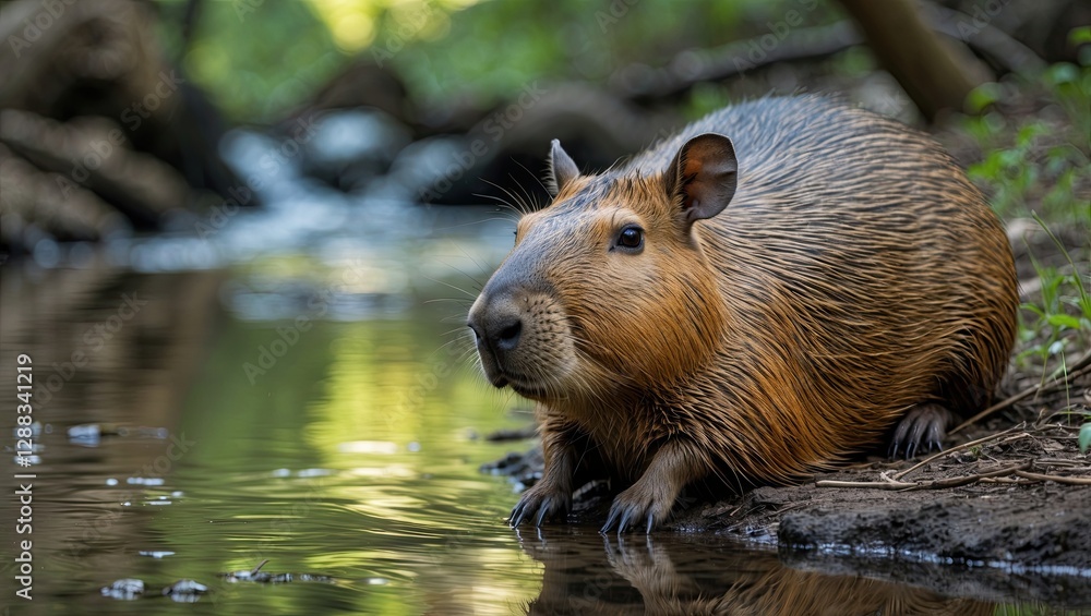 A close-up of a large rodent resting by a tranquil stream in a lush forest, showcasing its unique spotted fur and reflection in the water A close-up of a large rodent resting by a tranquil stream in a lush forest, showcasing its unique spotted fur and reflection in the water