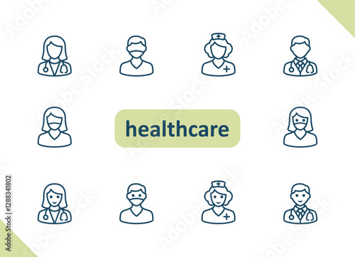 Healthcare people icons. Health care, staff, doctor, patient, nurse, pharmacist, dentist vector icon set
