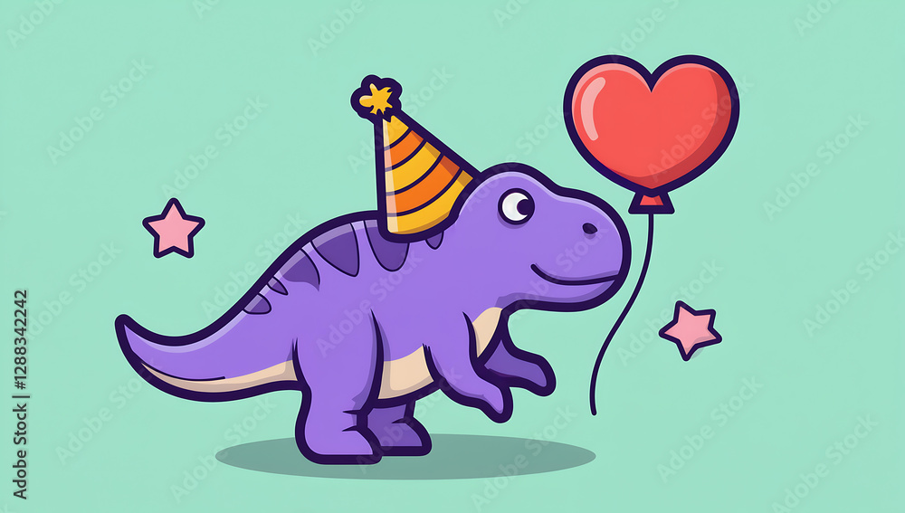 Fototapeta premium Cute purple dinosaur with party hat
