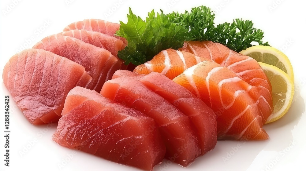 Close-up of beautifully plated sashimi with fresh salmon, tuna, and yellowtail slices, garnished with shiso leaves, leaving space for branding around the plate. Close-up of beautifully plated sashimi with fresh salmon, tuna, and yellowtail slices, garnished with shiso leaves, leaving space for branding around the plate.