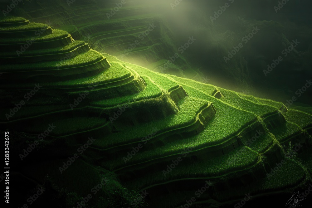 Naklejka premium Lush Green Terraced Rice Paddies Illuminated By Light