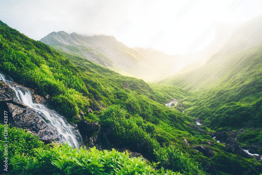 Fototapeta premium Lush Mountain Valley With Waterfall