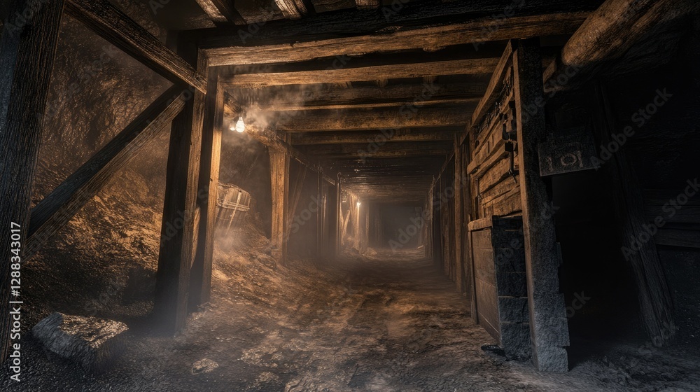 Fototapeta premium Foggy tunnel inside a deserted mine, with dust particles floating in the dim light, creating an eerie, ghostly atmosphere.