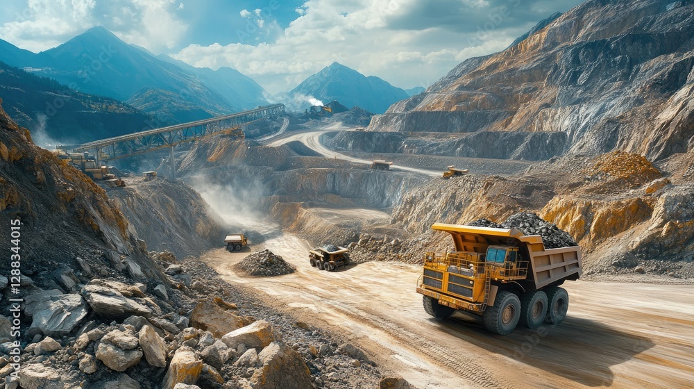 Naklejka premium Haul truck loaded with rocks, driving through a massive open-pit mining operation, with conveyor belts and crushers in the background.